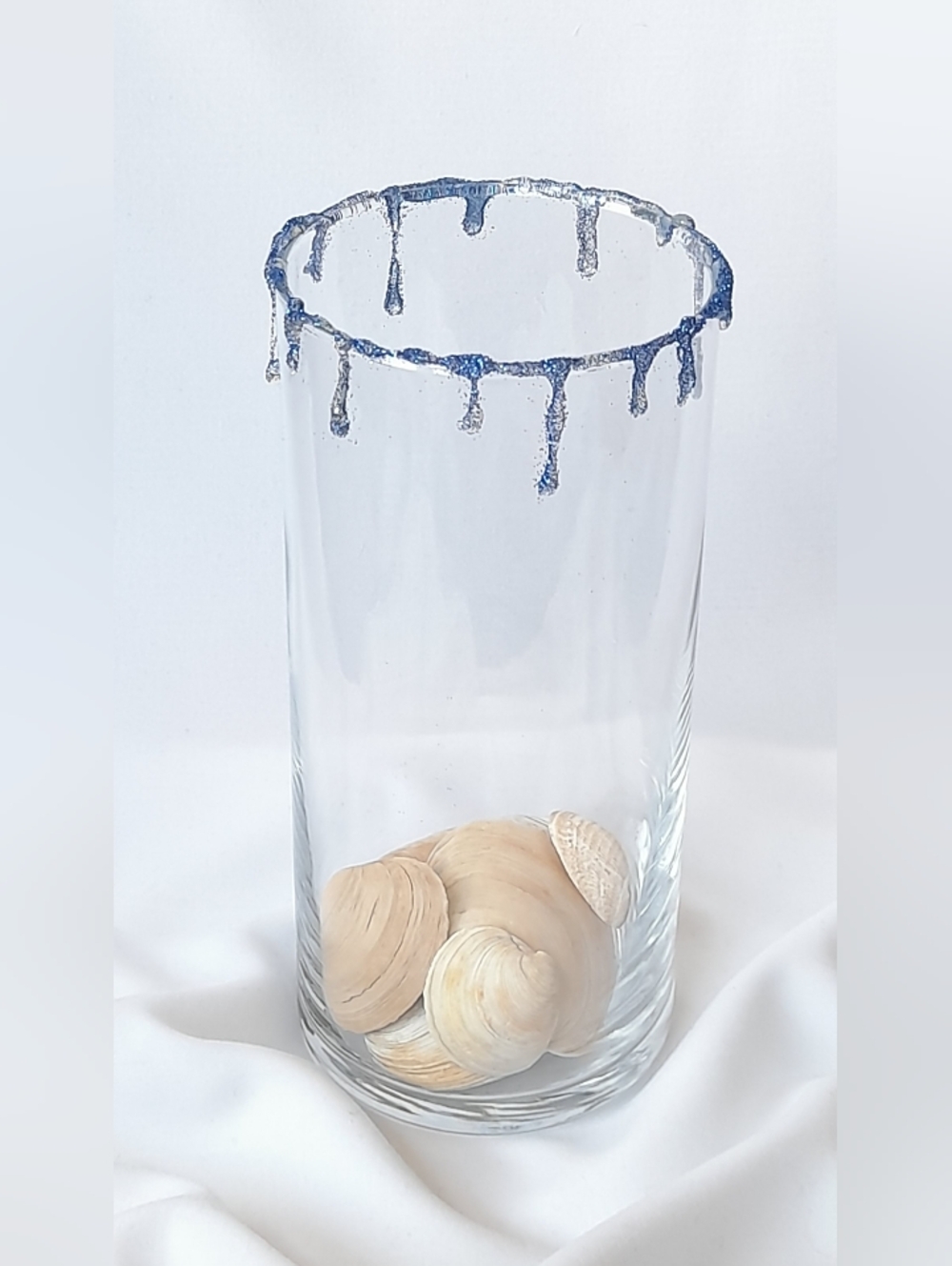 🍒 Clear Glass Vase 19 cm / 7.48 in Height ✨ Blue Drip Rim Shells Gift 💗